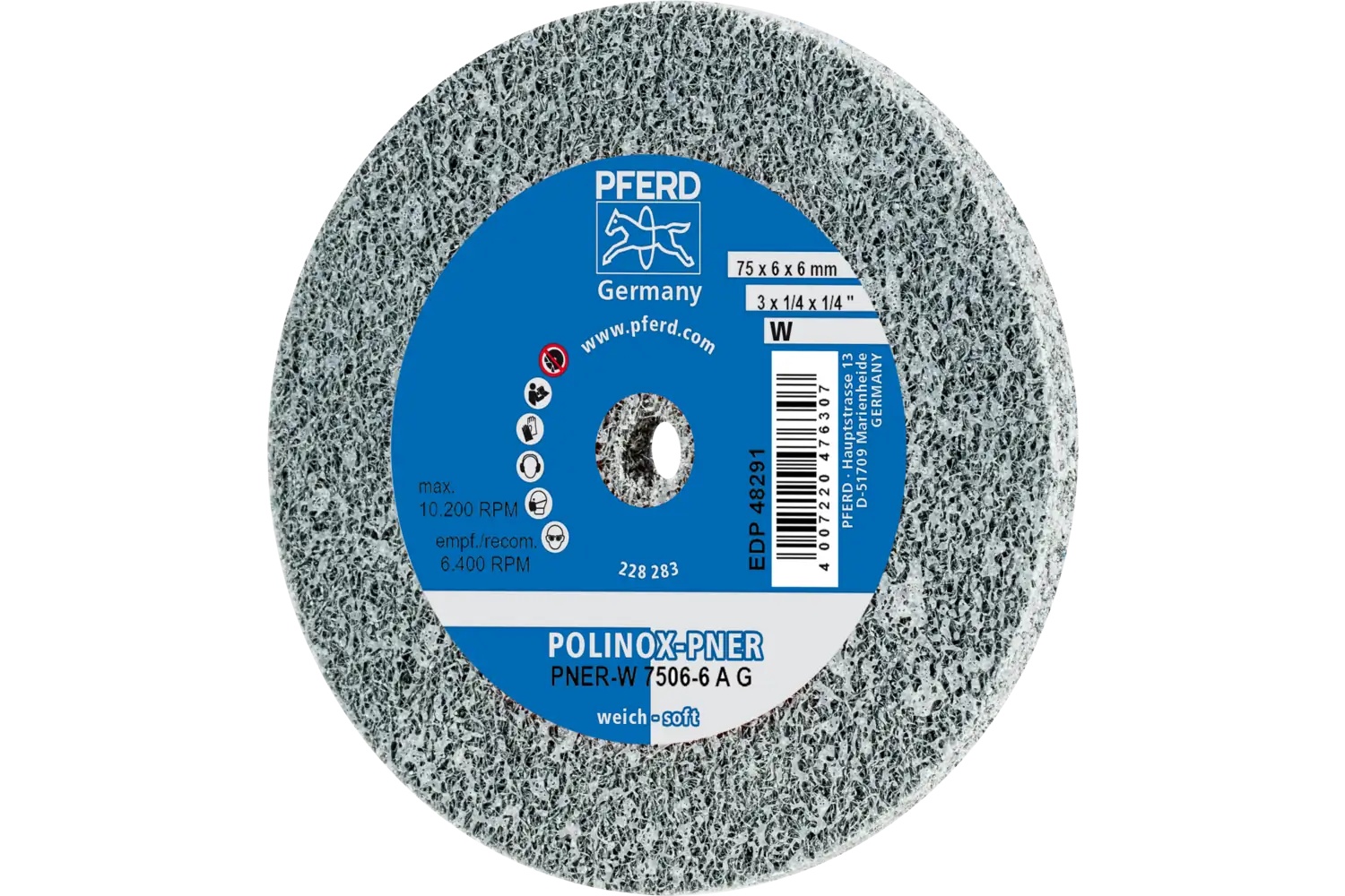 Picture of Pferd Polinox® Unitized Wheel, 3" X 1/4 X 1/4, Coarse, Soft, 8Am, Aluminum Oxide